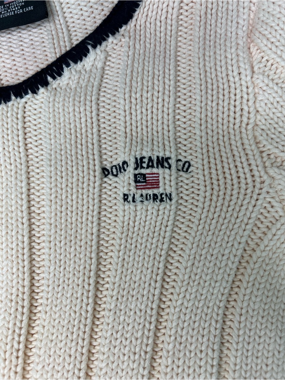 VTG Y2K Polo Jeans Co Ralph Lauren Flag Knit Sweater Cream Navy Blue Trim Small - Picture 5 of 8
